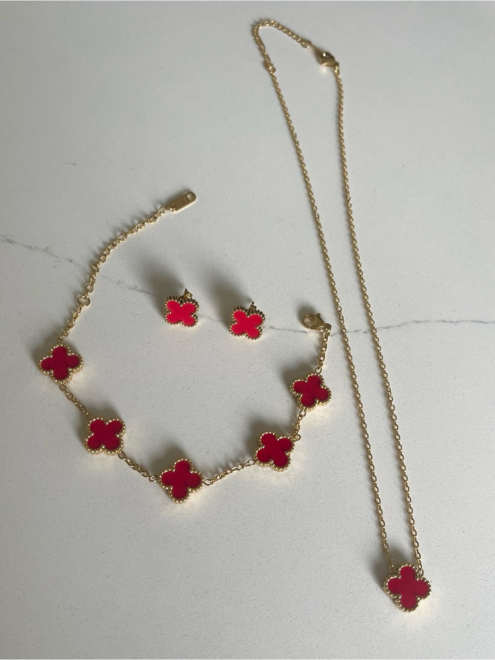 3 Piece Set - Red Clover Necklace, Bracelet & Stud Earrings